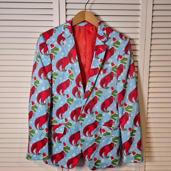 Suslo Couture Mens 40R Slim Fit Blazer Dinosaur T Rex Xmas Holiday Party Jacket - Picture 1 of 13